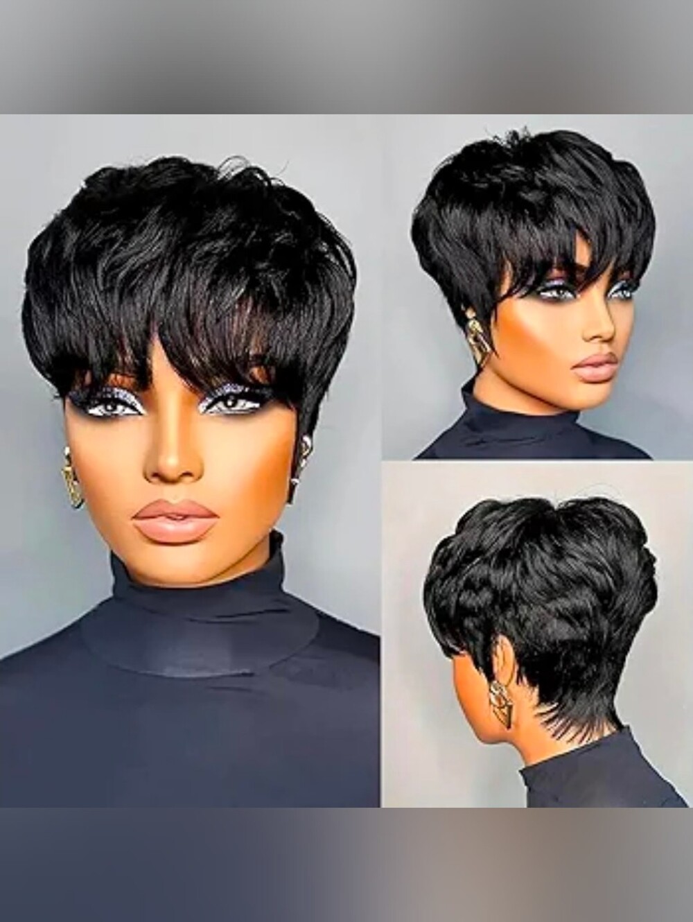 4 Inch Black Short Straight Pixie 100% Human Hair Wig with Bangs